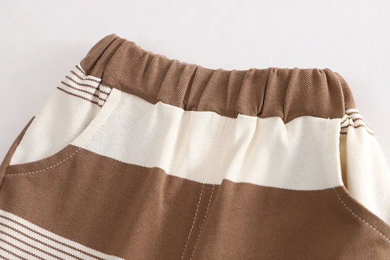 Children Striped Shorts Set Brown Cream Cotton Summer Suit — feature 11