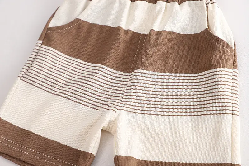Children Striped Shorts Set Brown Cream Cotton Summer Suit — feature 12