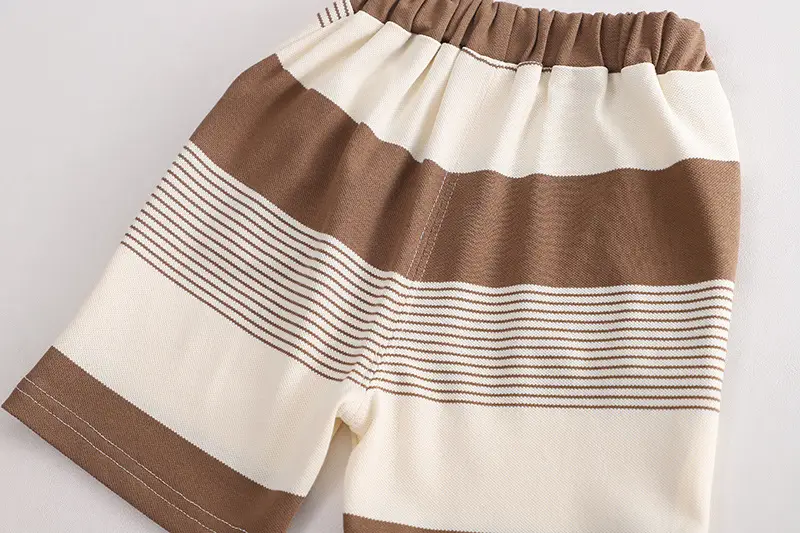 Children Striped Shorts Set Brown Cream Cotton Summer Suit — feature 15