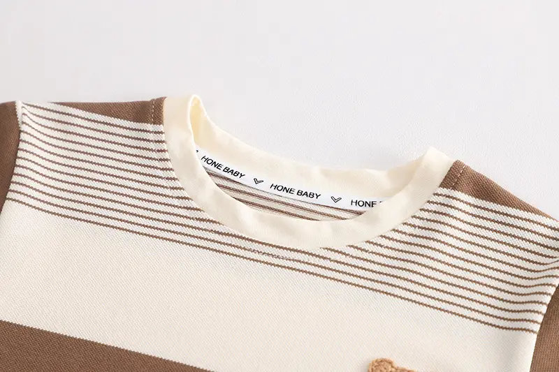 Children Striped Shorts Set Brown Cream Cotton Summer Suit — feature 6