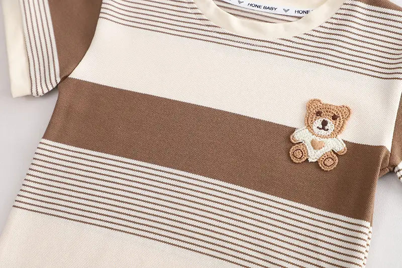 Children Striped Shorts Set Brown Cream Cotton Summer Suit — feature 7