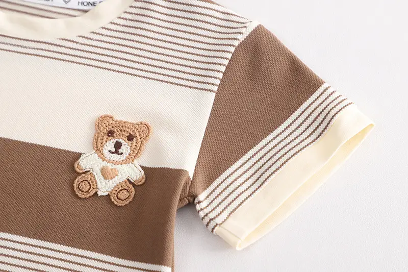 Children Striped Shorts Set Brown Cream Cotton Summer Suit — feature 8