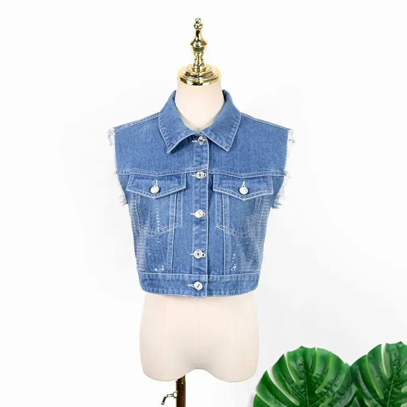 Denim Vest & Coat Set Retro Style Two Piece Suit