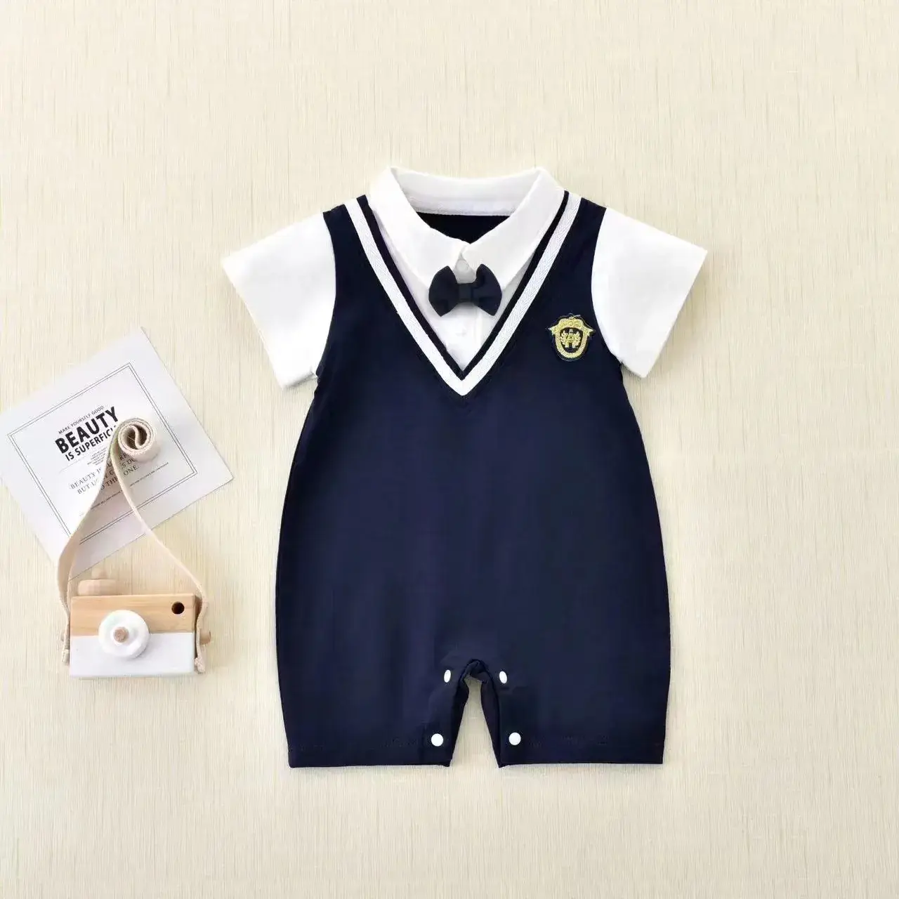 Baby Navy Blue Bowtie One-Piece Summer Outfit - Image 5