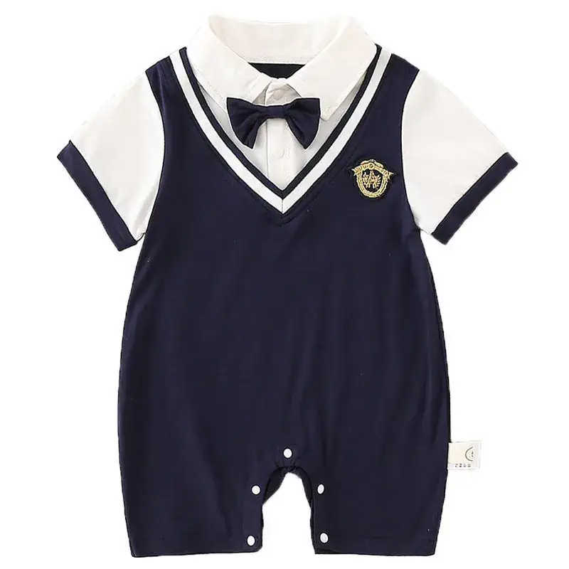 Baby Navy Blue Bowtie One-Piece Summer Outfit - Image 6