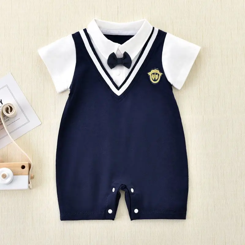 Baby Navy Blue Bowtie One-Piece Summer Outfit — feature 1