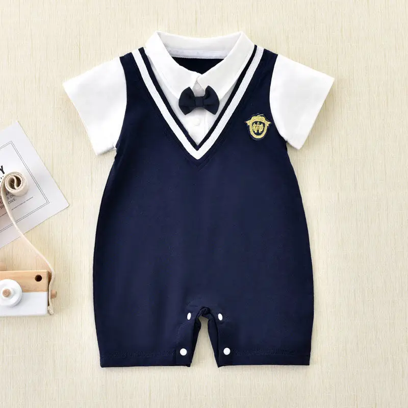 Baby Navy Blue Bowtie One-Piece Summer Outfit — feature 9