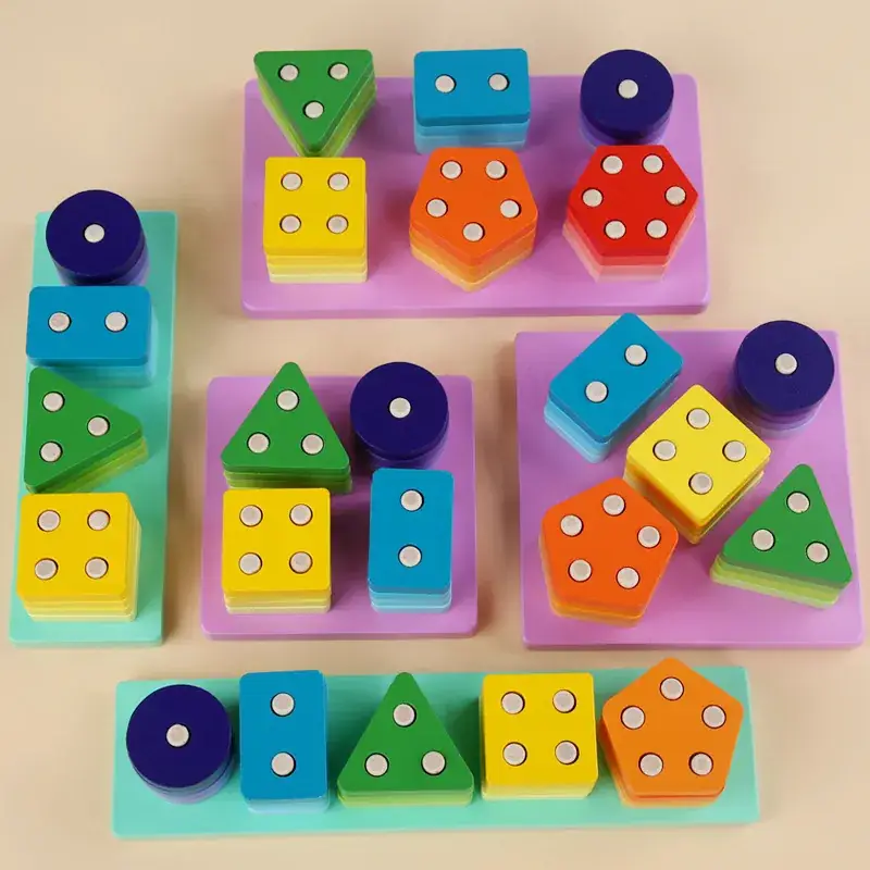 Montessori Geometry Wooden Cross-Border Children's Early Education Educational Color Cognitive Shape Matching Building Blocks Three-Dimensional - Image 7