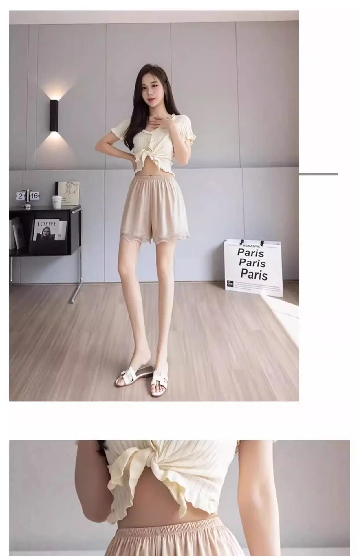Women Heart Print Ice Silk Leggings White Shorts Set — feature 13