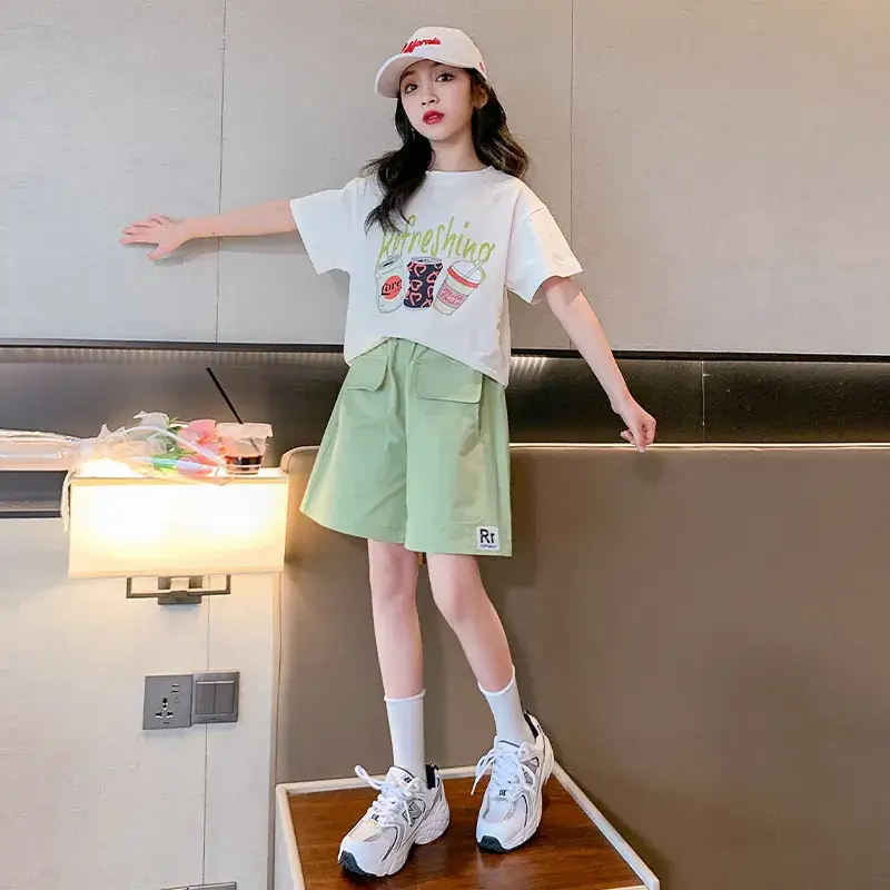 Girls Summer 2-Piece Short Sleeve Shorts Set Mint Green