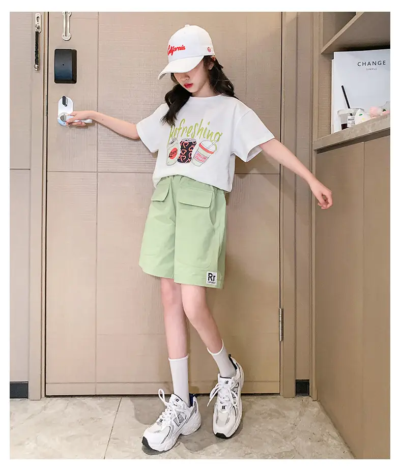 Girls Summer 2-Piece Short Sleeve Shorts Set Mint Green — feature 14