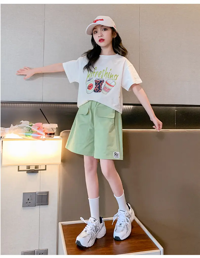 Girls Summer 2-Piece Short Sleeve Shorts Set Mint Green — feature 17