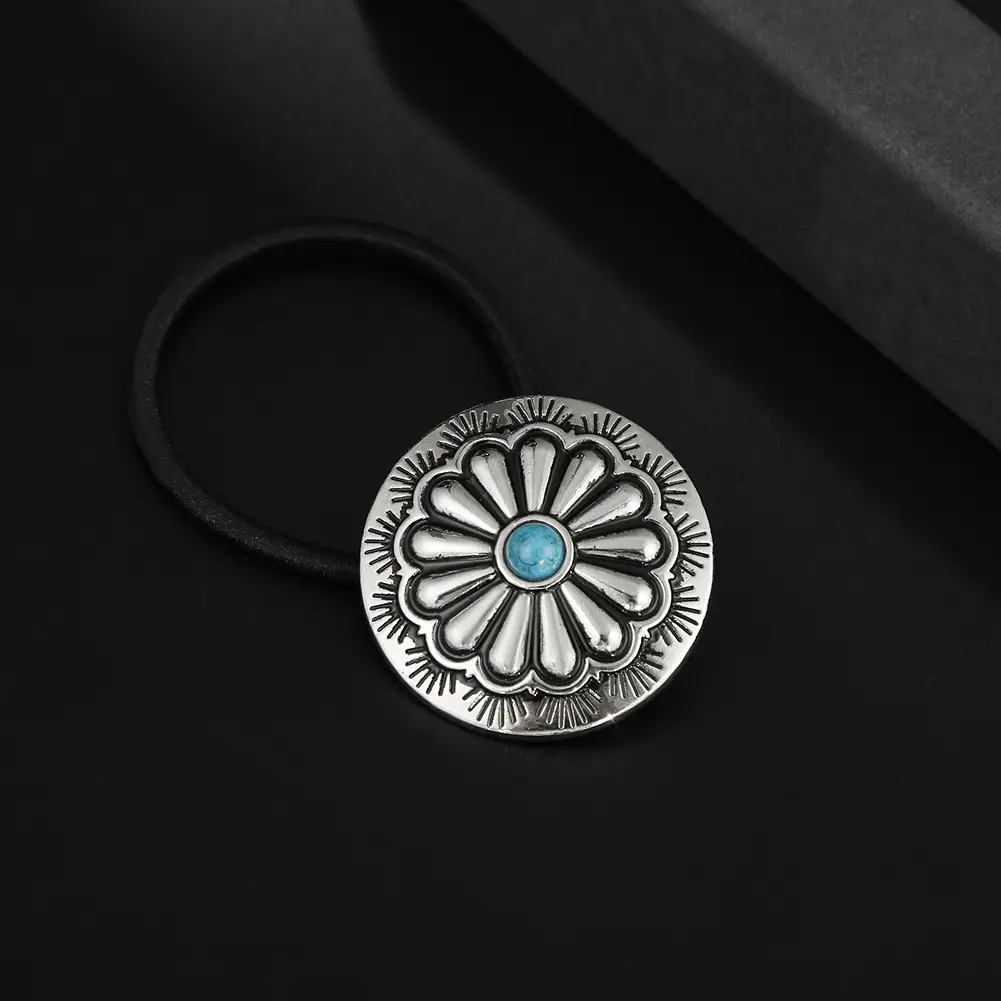 Turquoise Flower Hair Ring with Denim Rope - Image 2