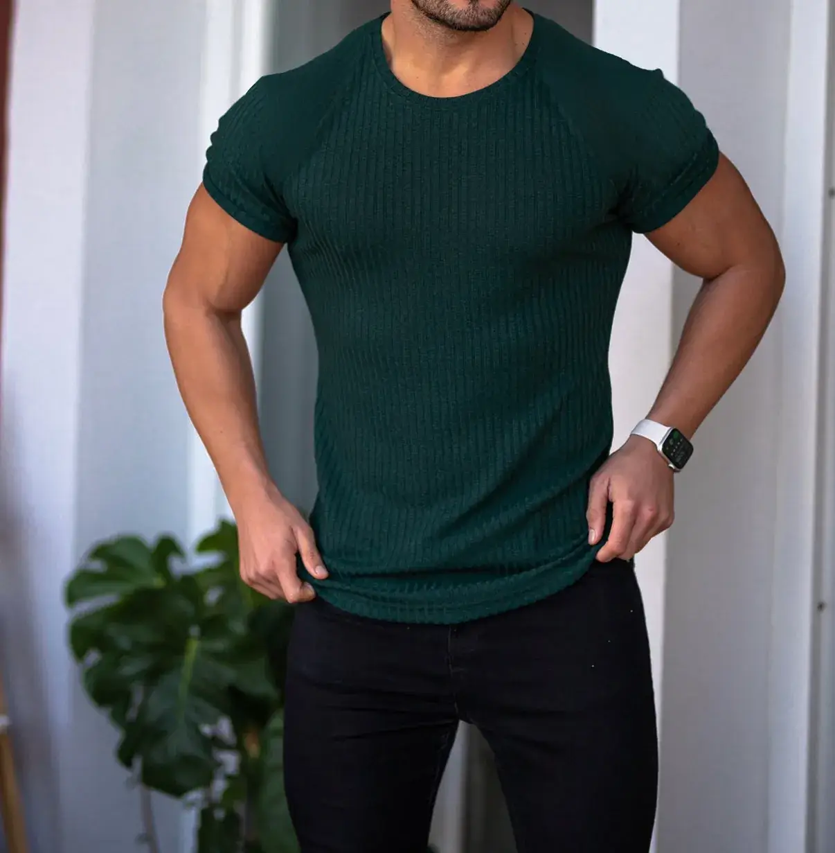 Men Red Ribbed T-Shirt Summer Fitness Wear — feature 5
