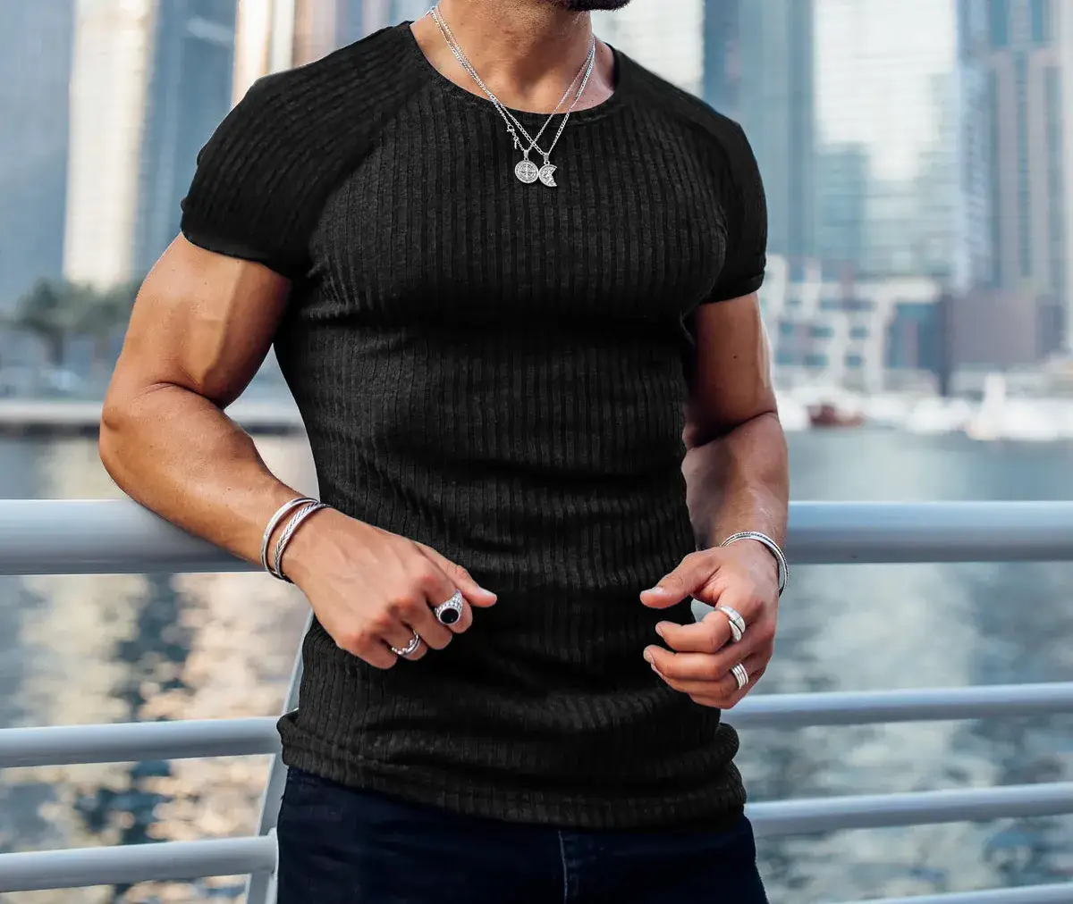 Men Red Ribbed T-Shirt Summer Fitness Wear — feature 6
