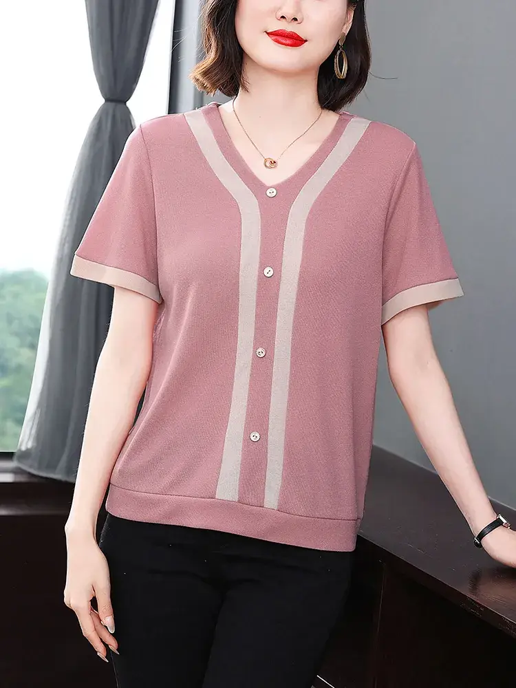 40yo Women Pink V-Neck T-Shirt Large - Image 3