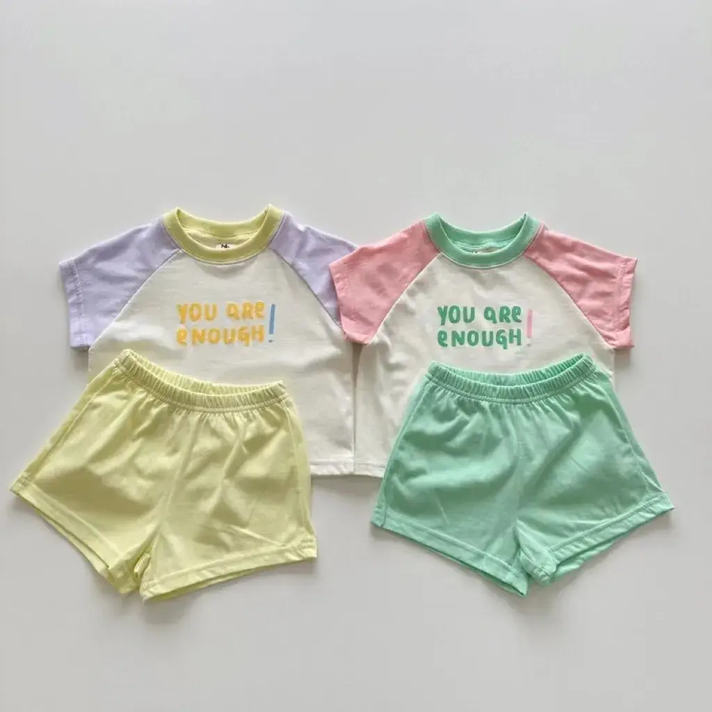 Korean-style Ins Baby Summer Three Color Letter Top Round Neck Set - Image 3