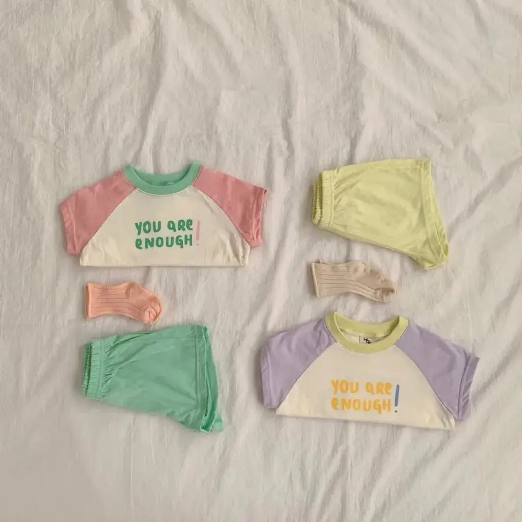 Korean-style Ins Baby Summer Three Color Letter Top Round Neck Set - Image 4