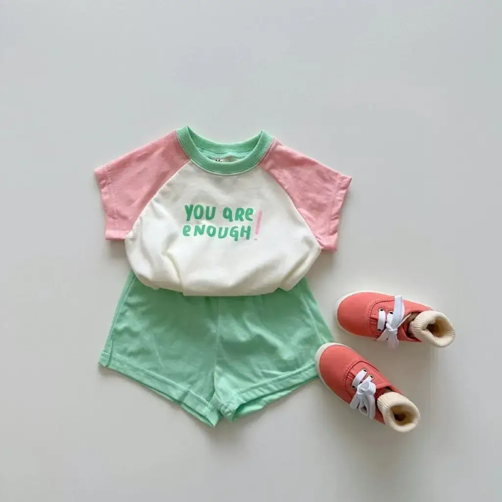 Korean-style Ins Baby Summer Three Color Letter Top Round Neck Set - Image 2