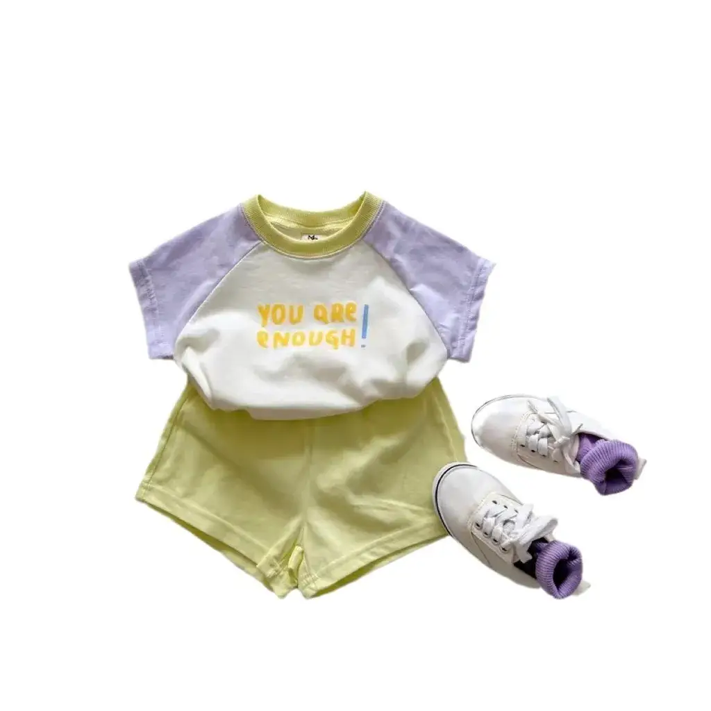 Korean-style Ins Baby Summer Three Color Letter Top Round Neck Set - Image 6