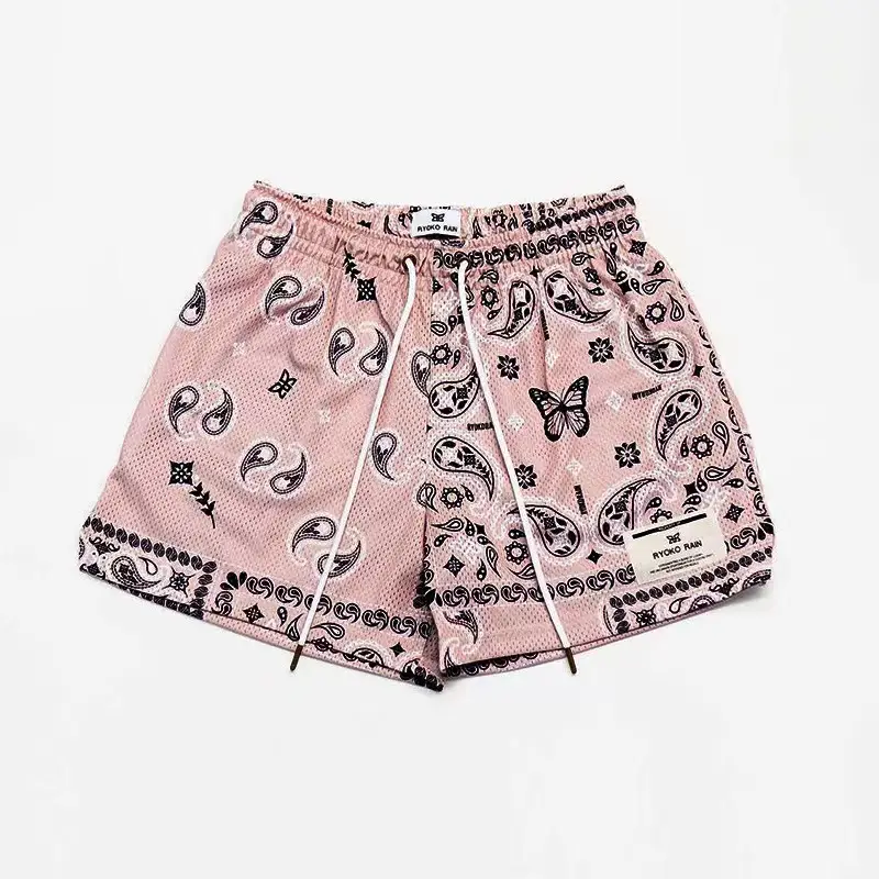 Brown Paisley Drawstring Shorts for Men Women Large - Image 10