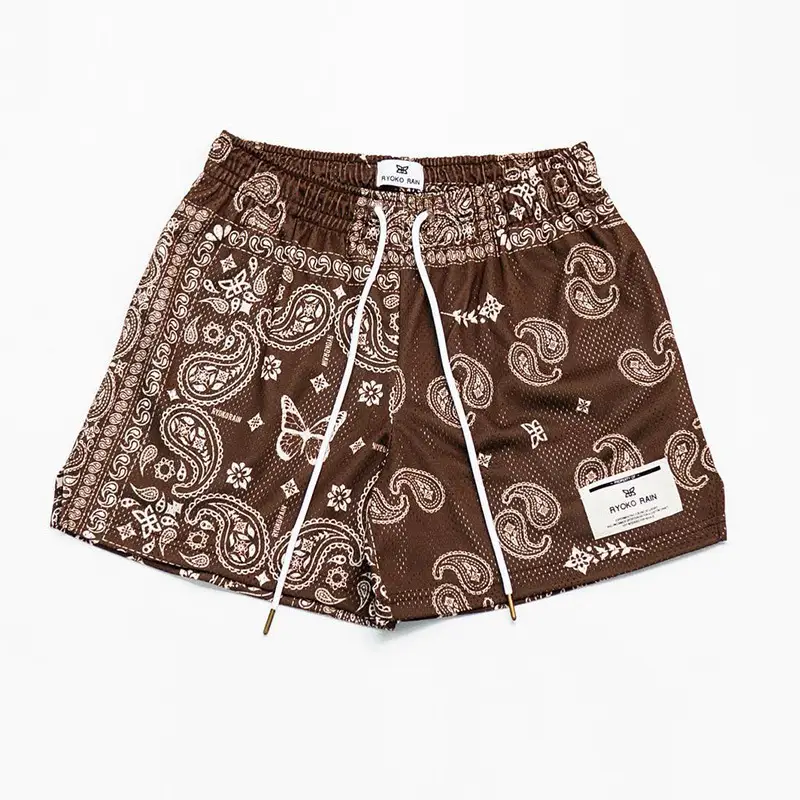 Brown Paisley Drawstring Shorts for Men Women Large — feature 8