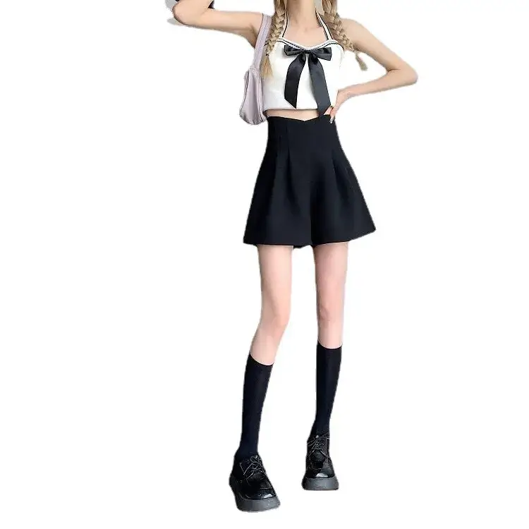 Women Black Wide Leg High Waist Shorts Set - Image 5