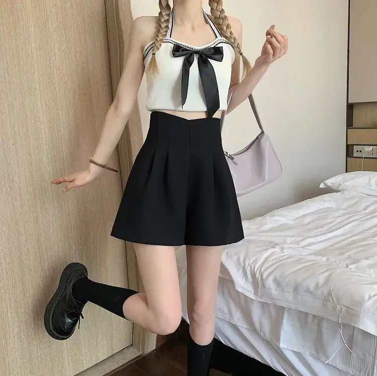 Women Black Wide Leg High Waist Shorts Set — feature 12