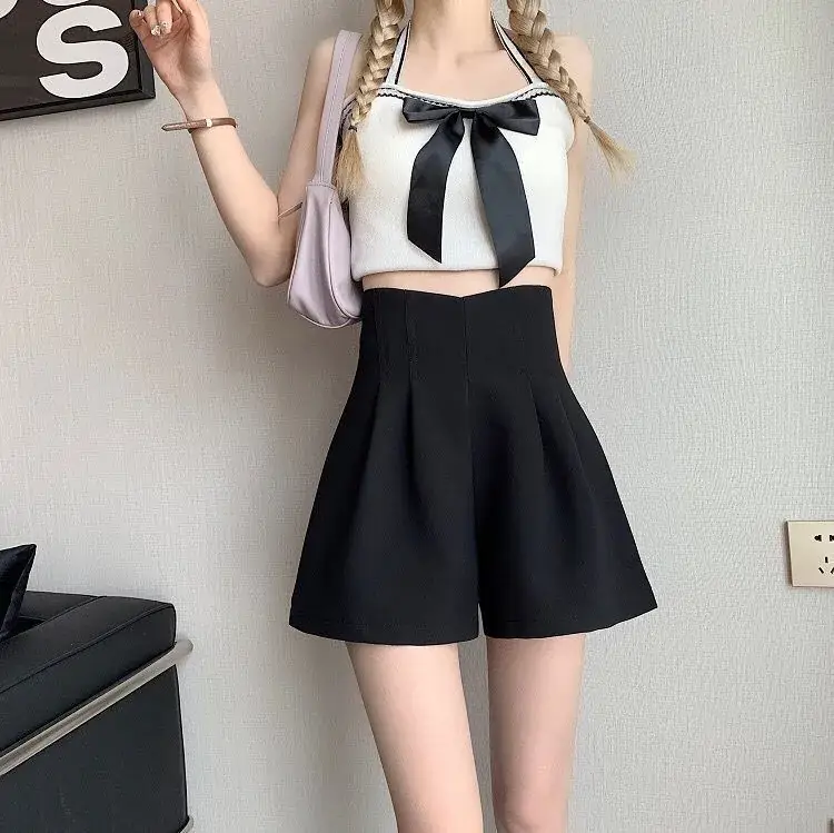 Women Black Wide Leg High Waist Shorts Set — feature 9
