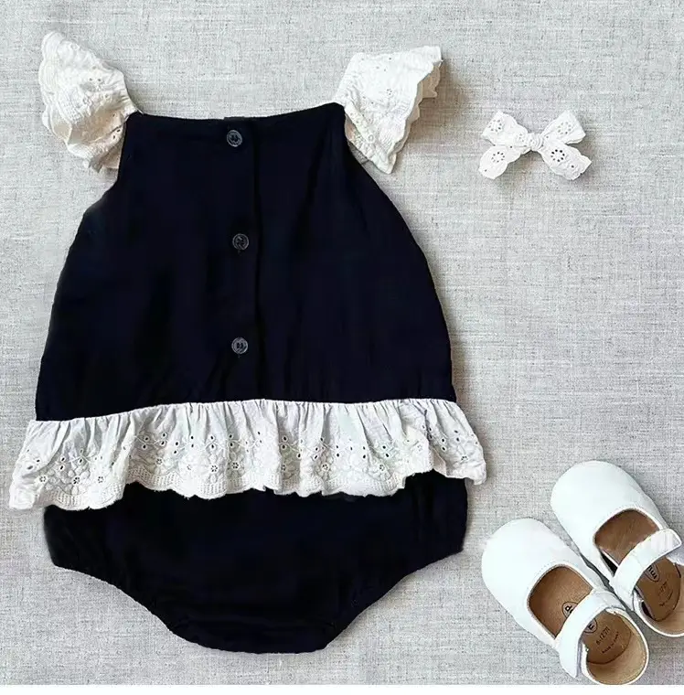 Baby Girl's Lace One-Piece Nightwear Set Black & Cream — feature 6