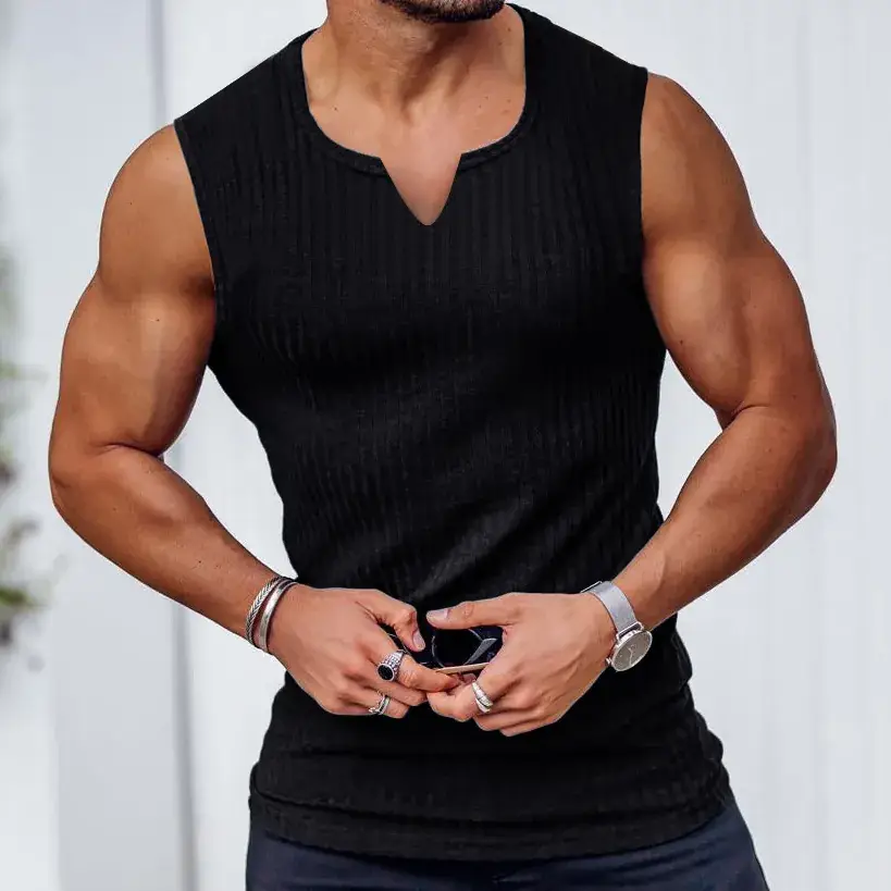 Men's Black Knitted Slim Fit Vest with V-Neck