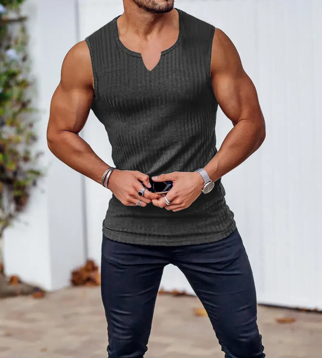 Men's Black Knitted Slim Fit Vest with V-Neck — feature 5