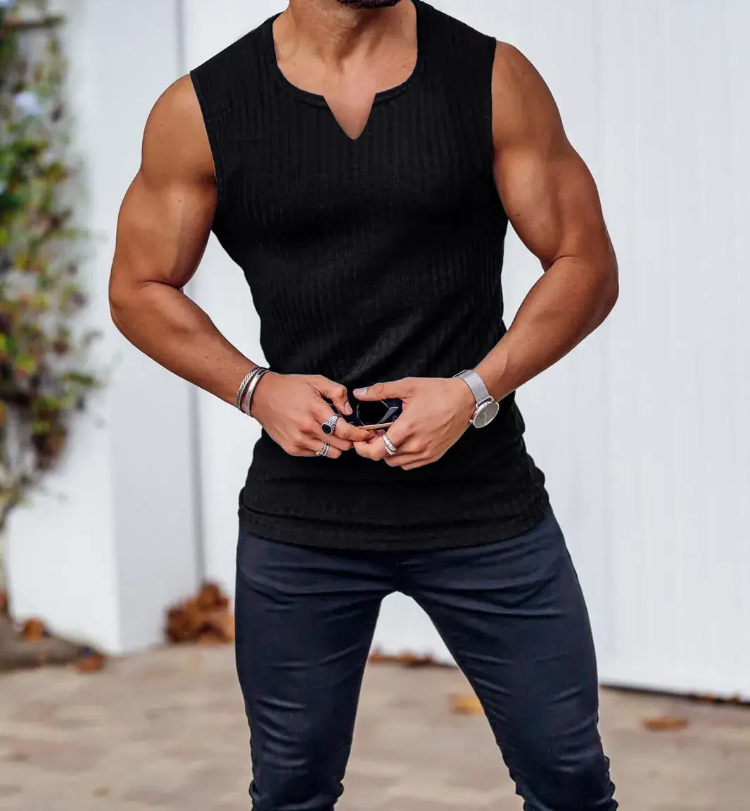Men's Black Knitted Slim Fit Vest with V-Neck — feature 6