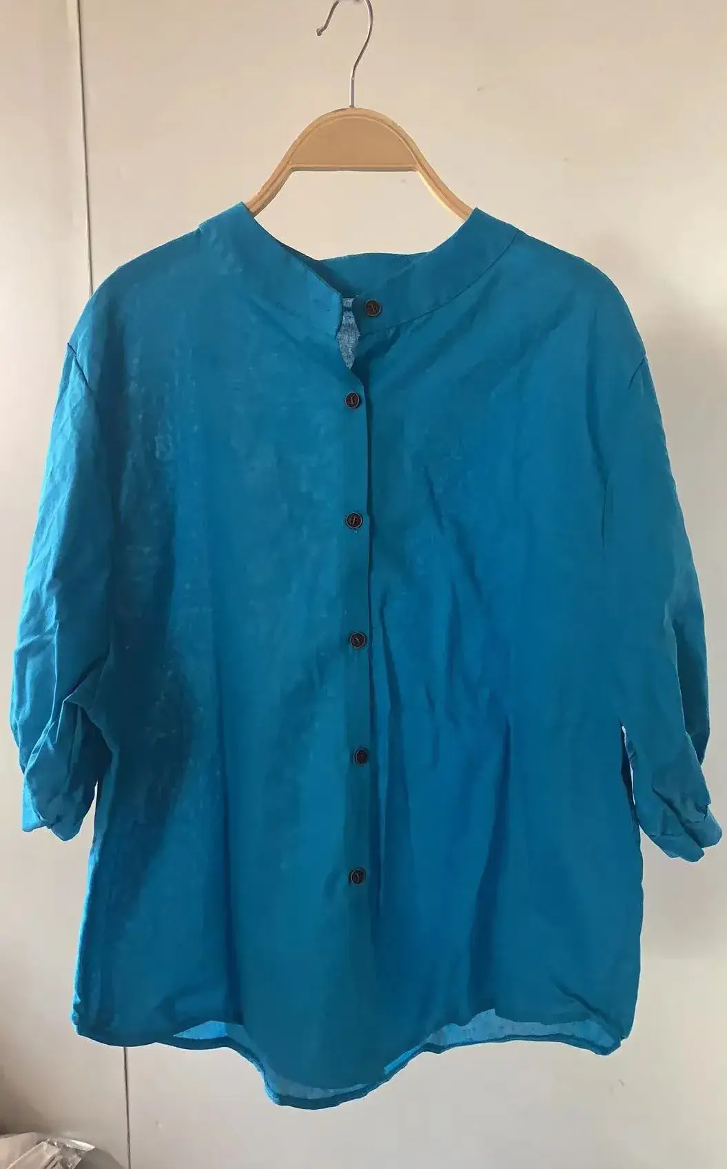 Women Cotton Linen Shirt Lantern Sleeve Large