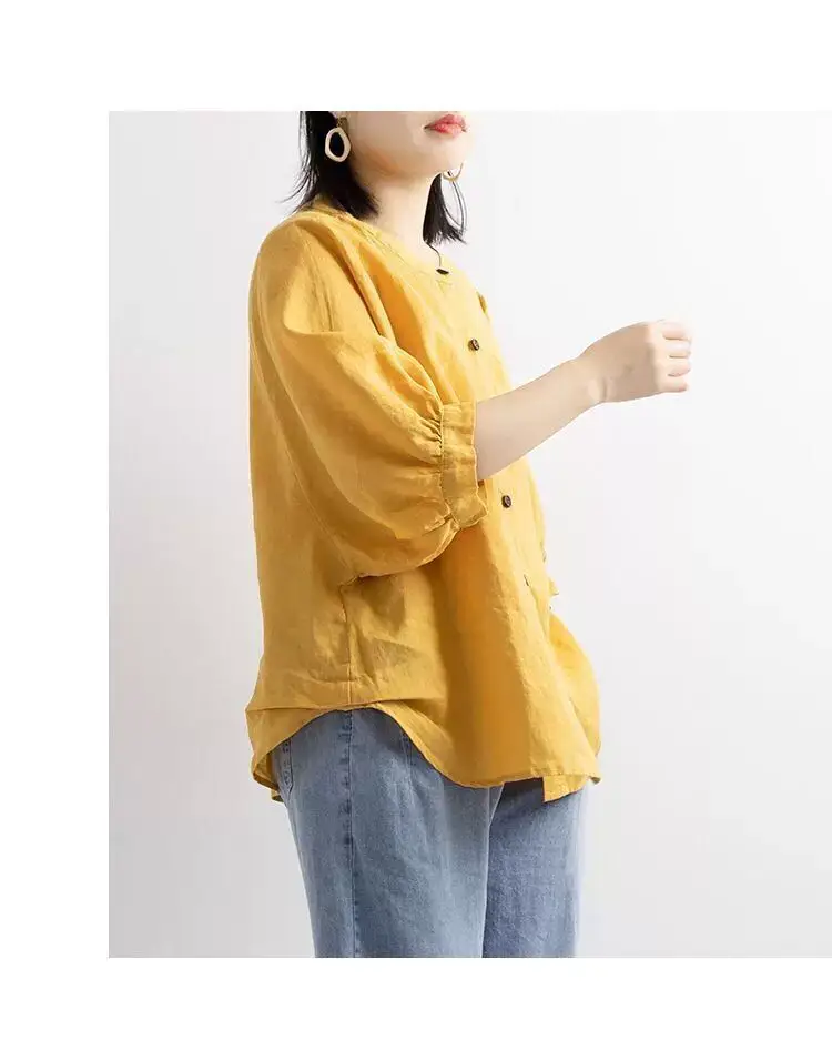 Women Cotton Linen Shirt Lantern Sleeve Large — feature 10