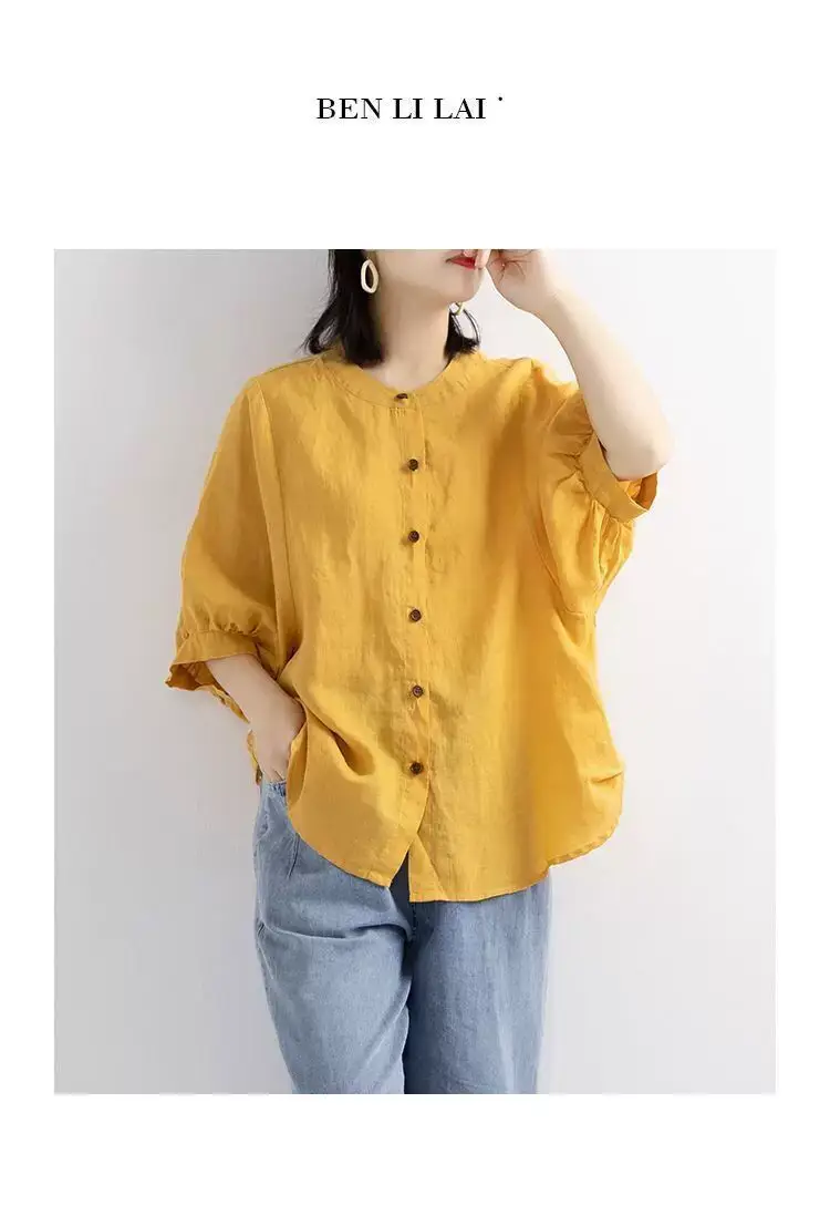 Women Cotton Linen Shirt Lantern Sleeve Large — feature 11