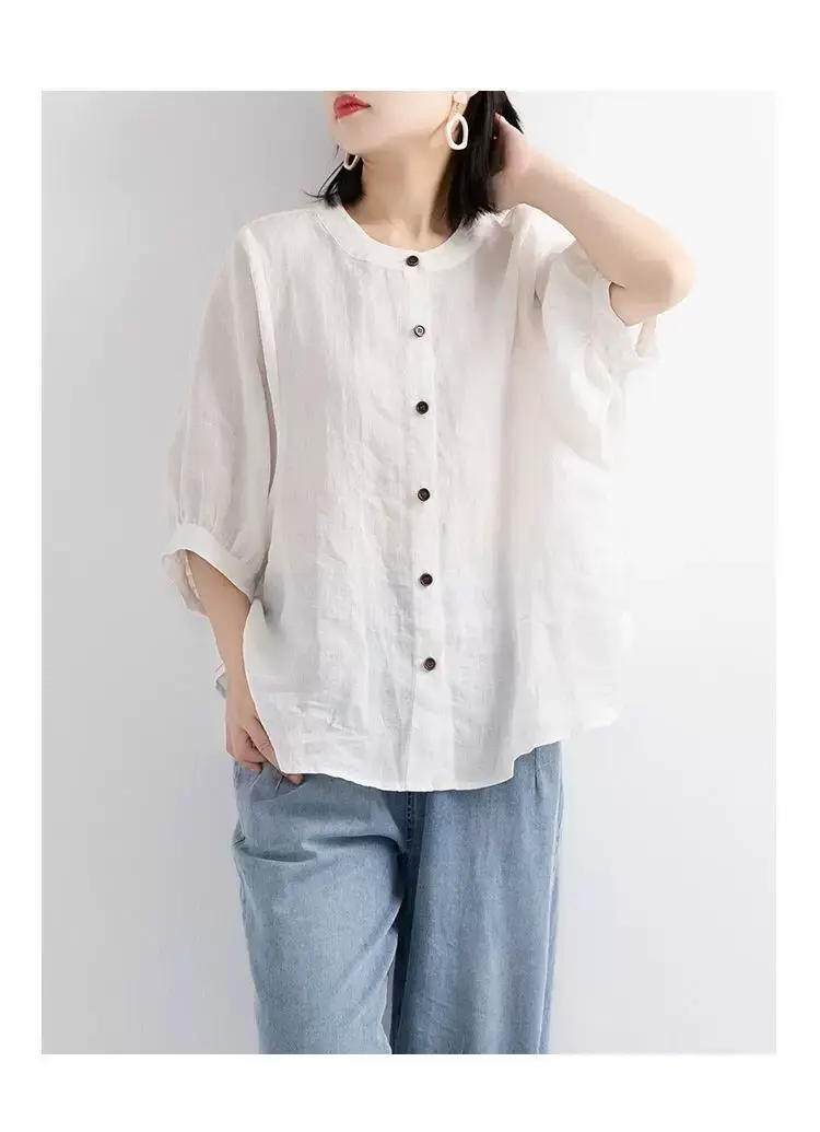 Women Cotton Linen Shirt Lantern Sleeve Large — feature 14