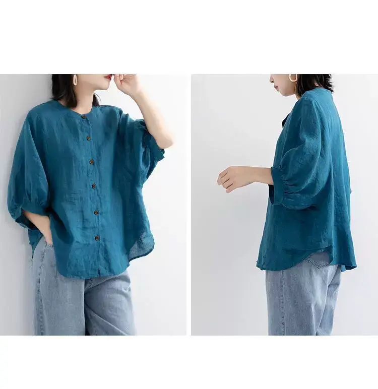 Women Cotton Linen Shirt Lantern Sleeve Large — feature 4