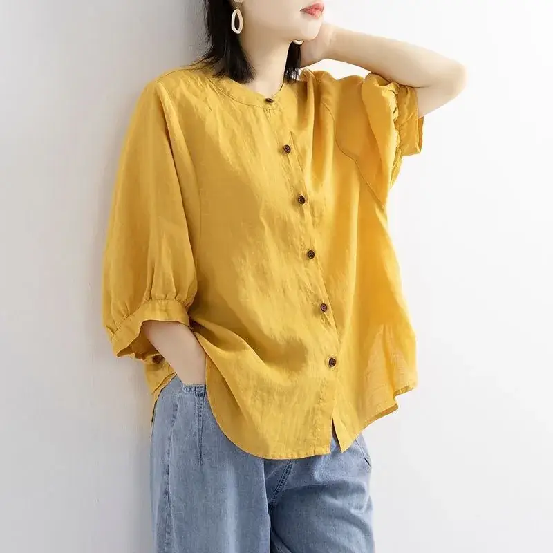 Women Cotton Linen Shirt Lantern Sleeve Large