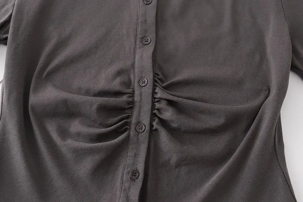 Women Pleated Button Shirt Grey Pure White