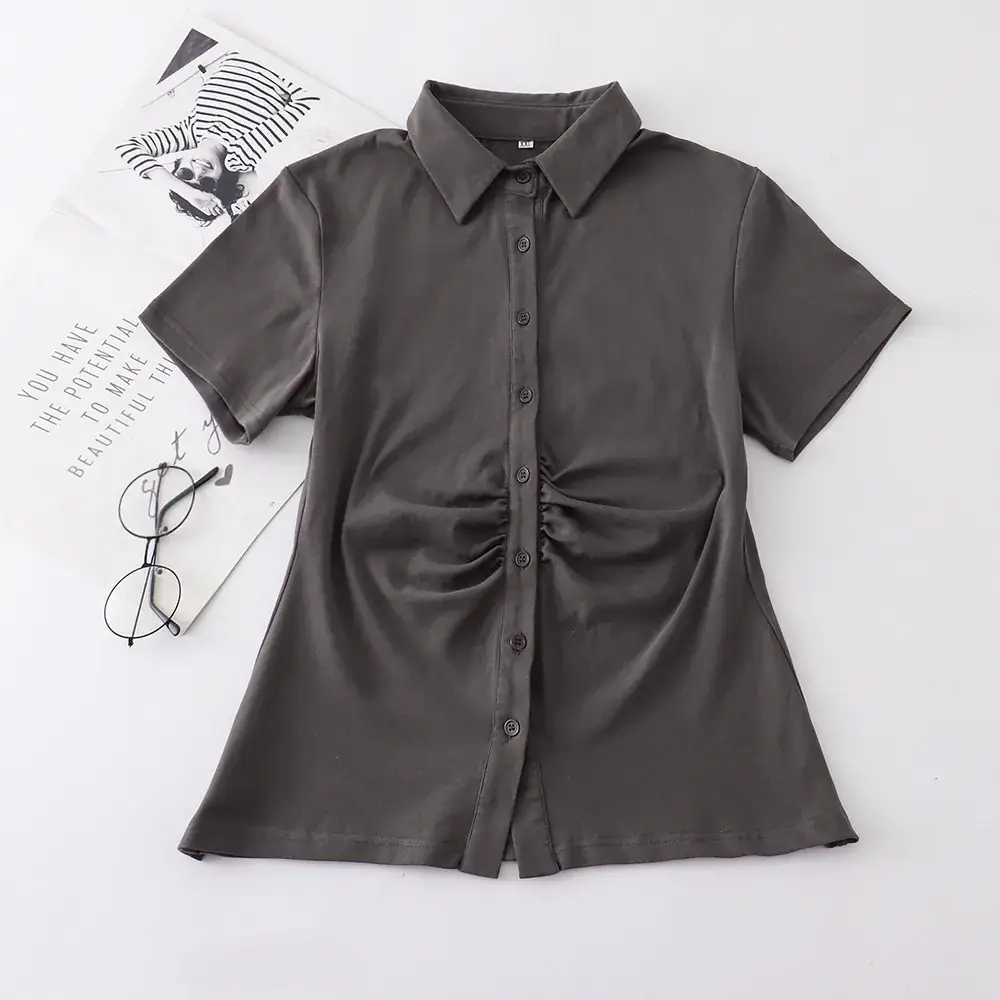 Women Pleated Button Shirt Grey Pure White — feature 2