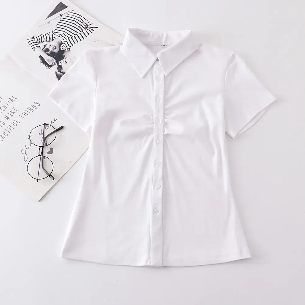 Women Pleated Button Shirt Grey Pure White — feature 3