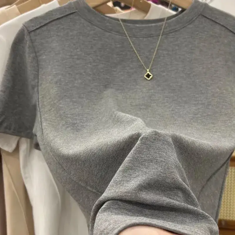 Women Summer T-Shirt Maroon Round Neck Slim Fit - Image 8