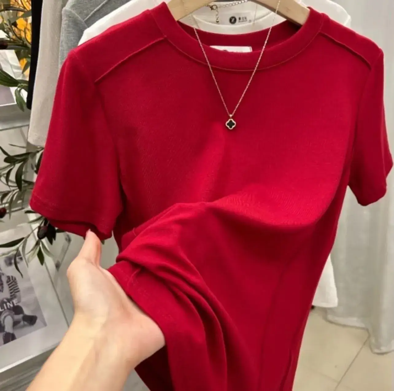Women Summer T-Shirt Maroon Round Neck Slim Fit - Image 7