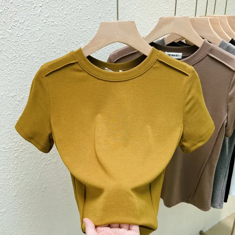 Women Summer T-Shirt Maroon Round Neck Slim Fit - Image 10