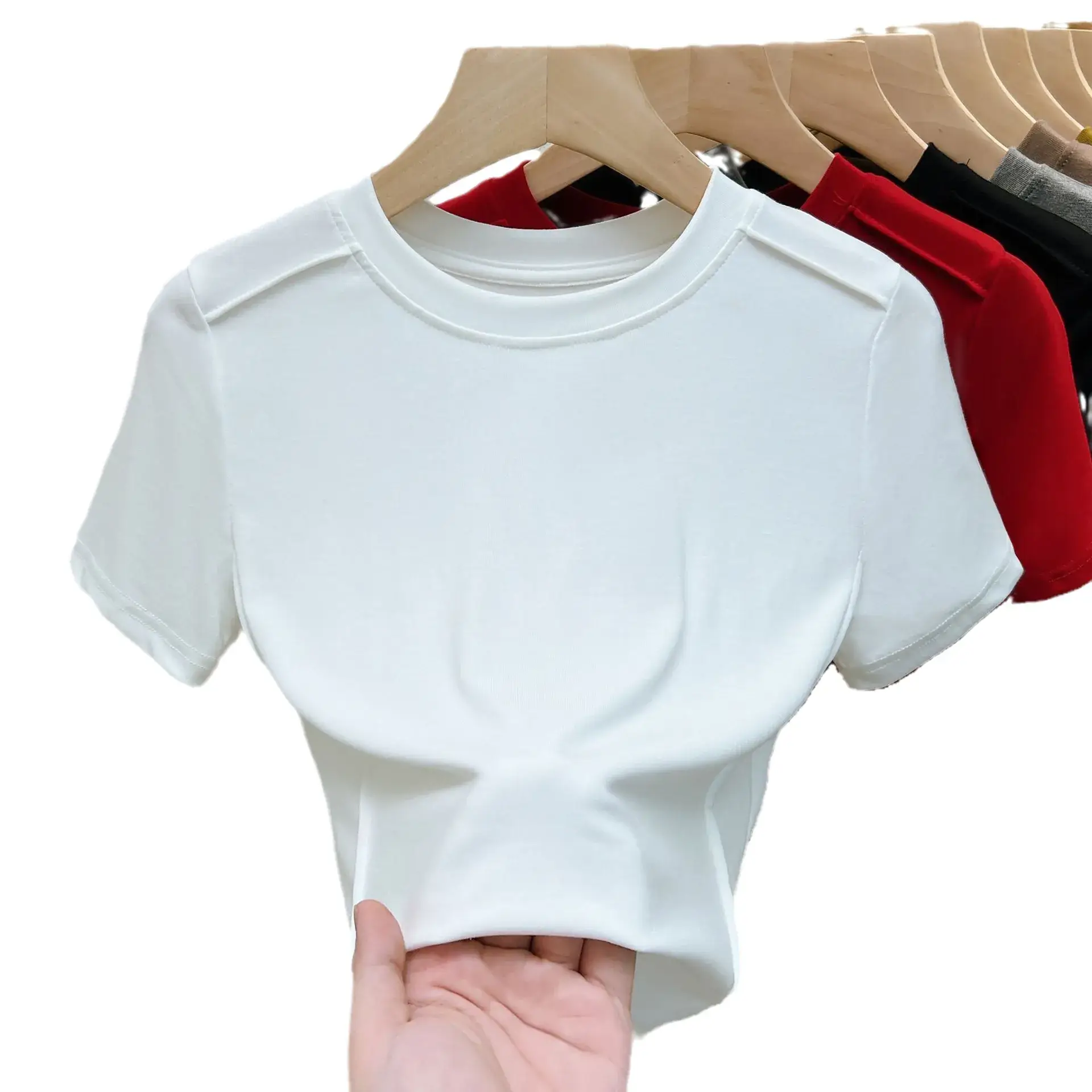Women Summer T-Shirt Maroon Round Neck Slim Fit - Image 11
