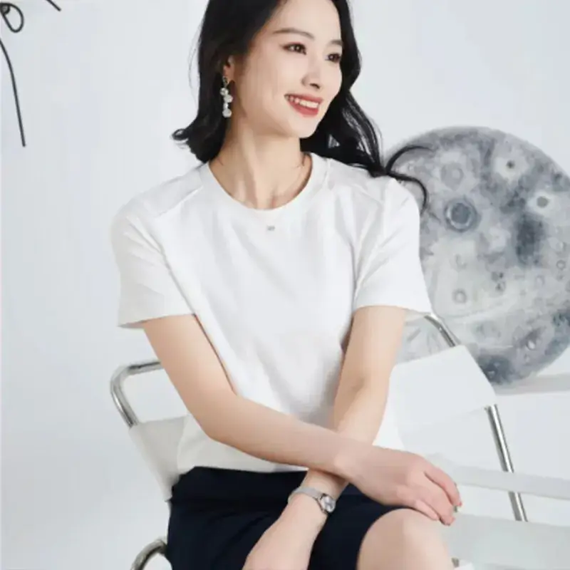 Women Summer T-Shirt Maroon Round Neck Slim Fit - Image 2