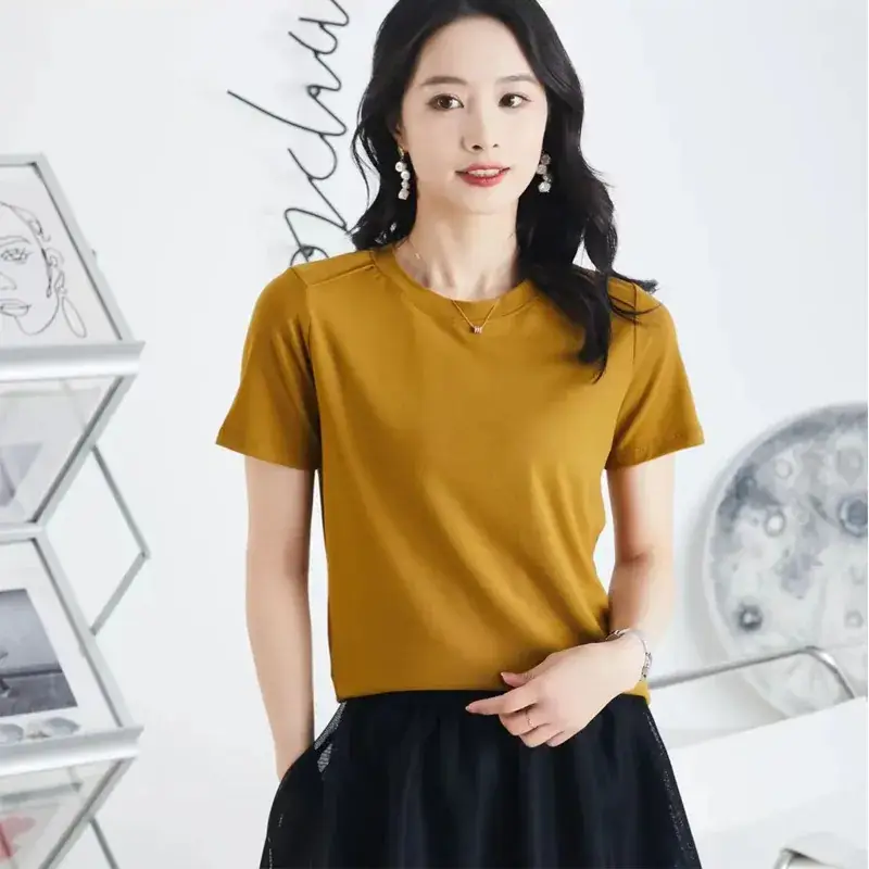 Women Summer T-Shirt Maroon Round Neck Slim Fit - Image 3