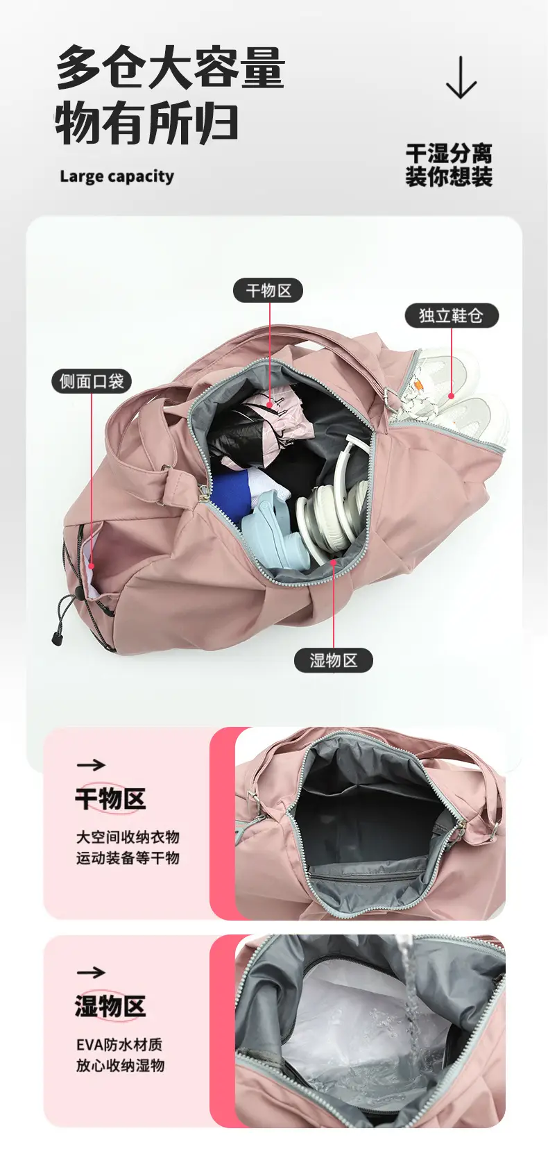 Pink Waterproof Shoulder Bag for Men Women Large Capacity — feature 7