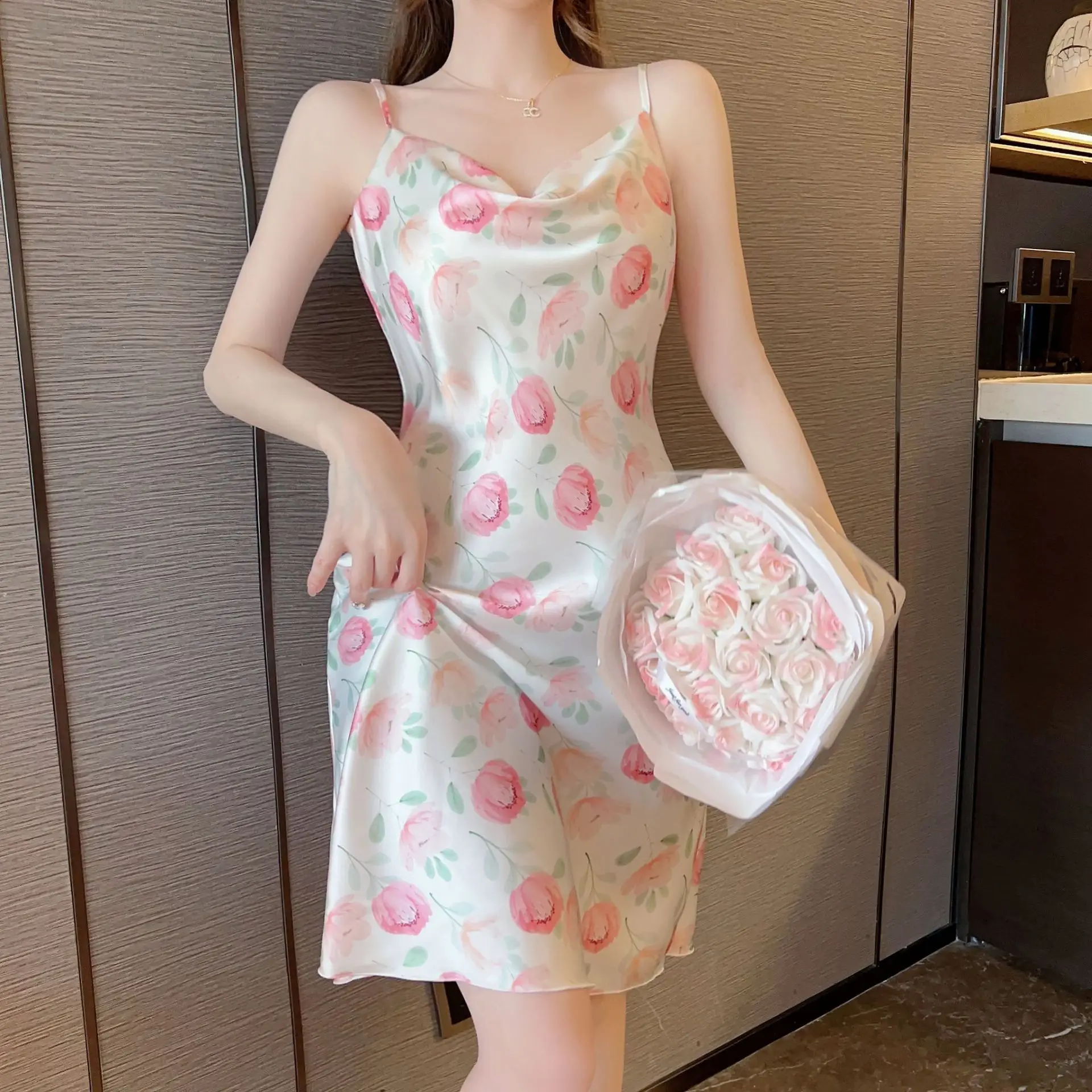 Women's Floral Nightgown with Strap Collar - Image 7